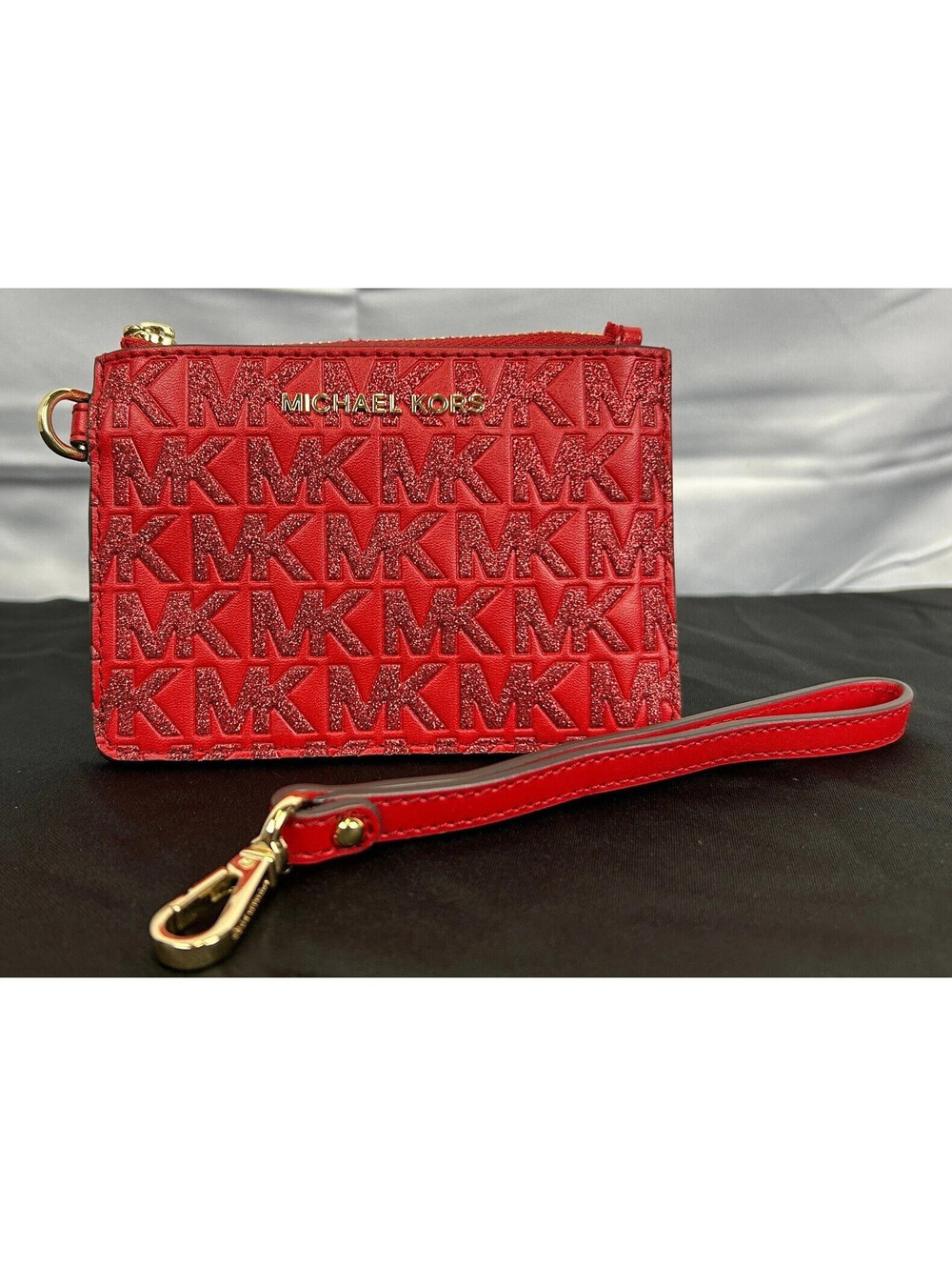Michael Kors Jet Set Red Glitter Zip Card Holder Wristlet Coin Pouch